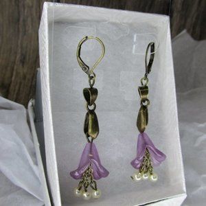 Rustic Brass Flower Earrings W/dangling pearls